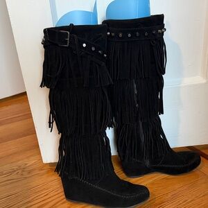 Black Fringe Knee-High Boots